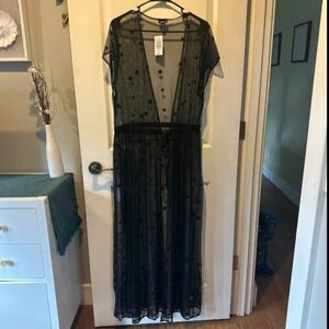 Torrid Black Sheer Mesh Floral Embroidered Maxi Duster Kimono 1/2 NEW